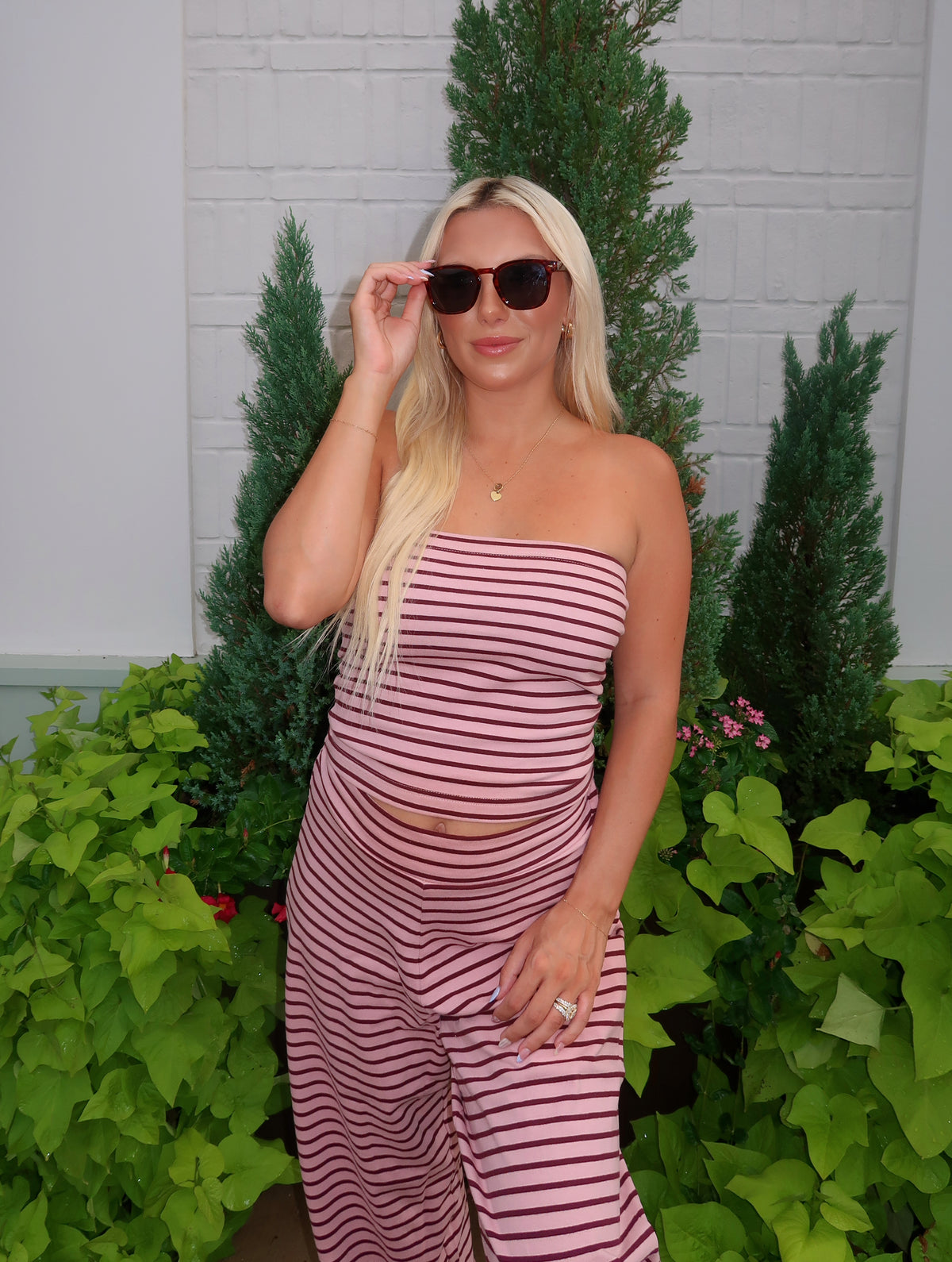 Striped Slim Tube Top & Wide Leg Pant Set