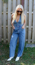 Plunging Halterneck Barrel Denim Jumpsuit
