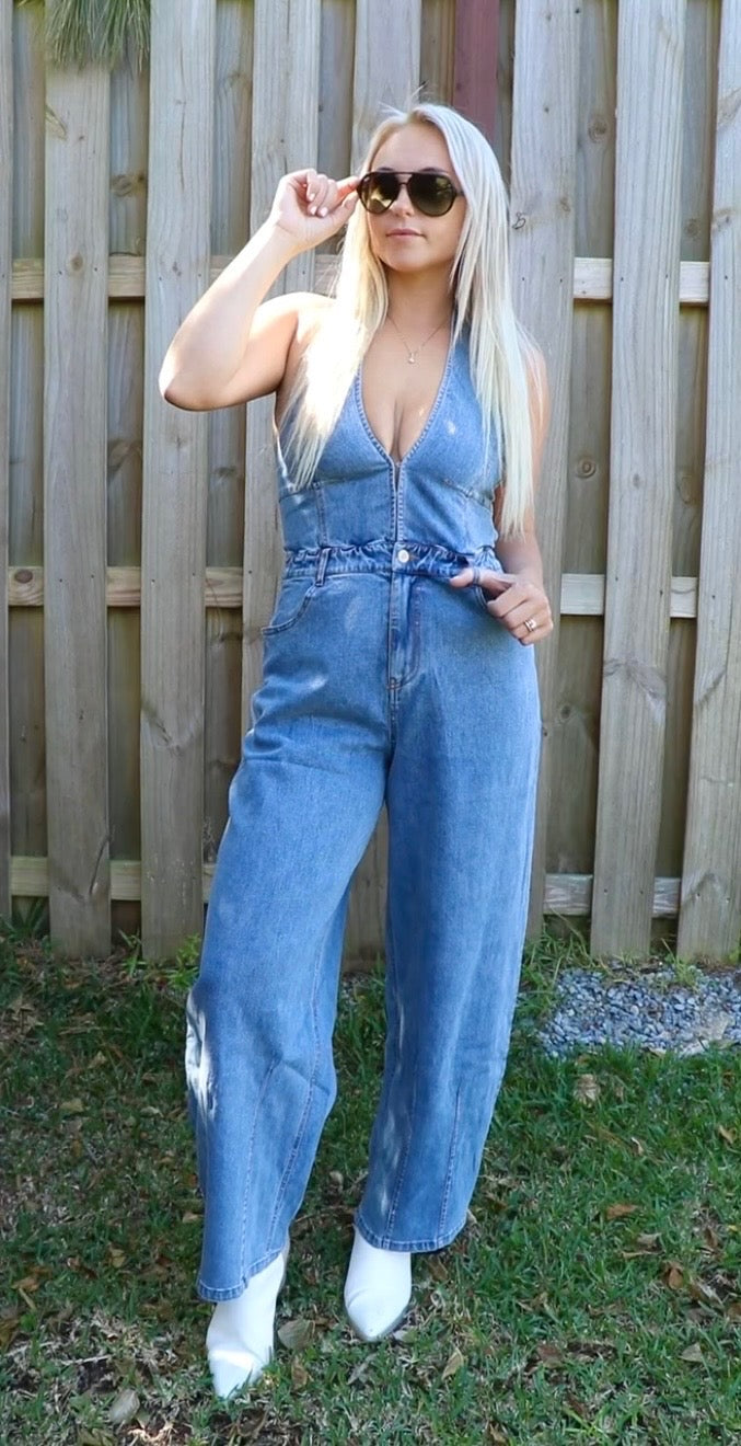 Plunging Halterneck Barrel Denim Jumpsuit