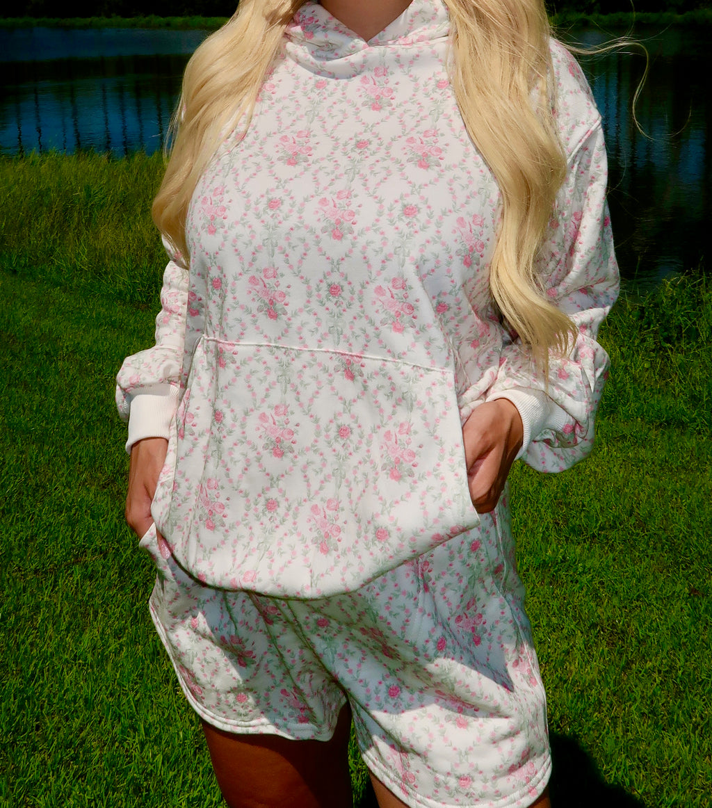 Soft Floral Printed French Terry Hoodie Sweatshirt & Shorts Set