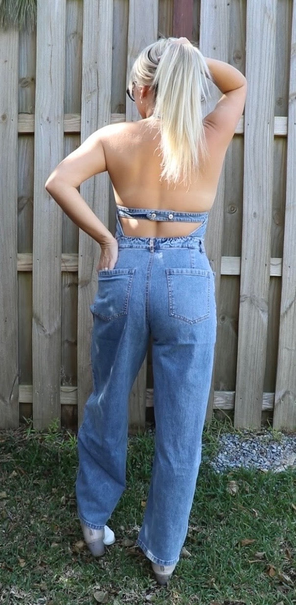 Plunging Halterneck Barrel Denim Jumpsuit